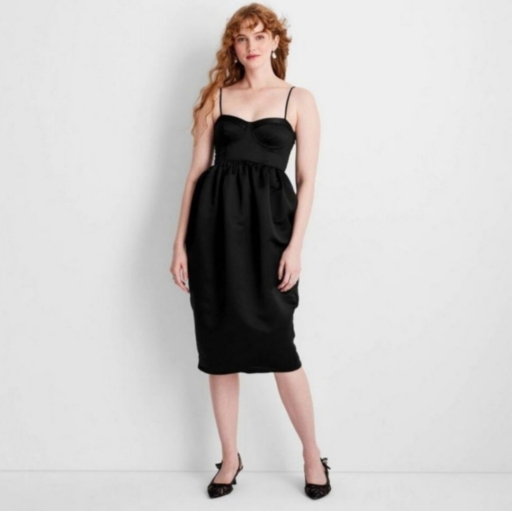 Women's Holiday Sweetheart Bubble Satin Midi Dress - Future Collective Black M